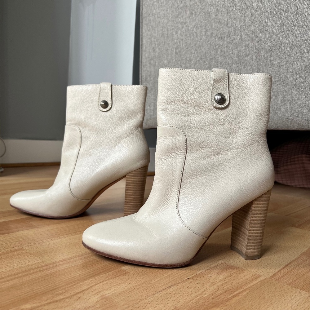 PAIGE cream leather ankle booties with 4” block heel
